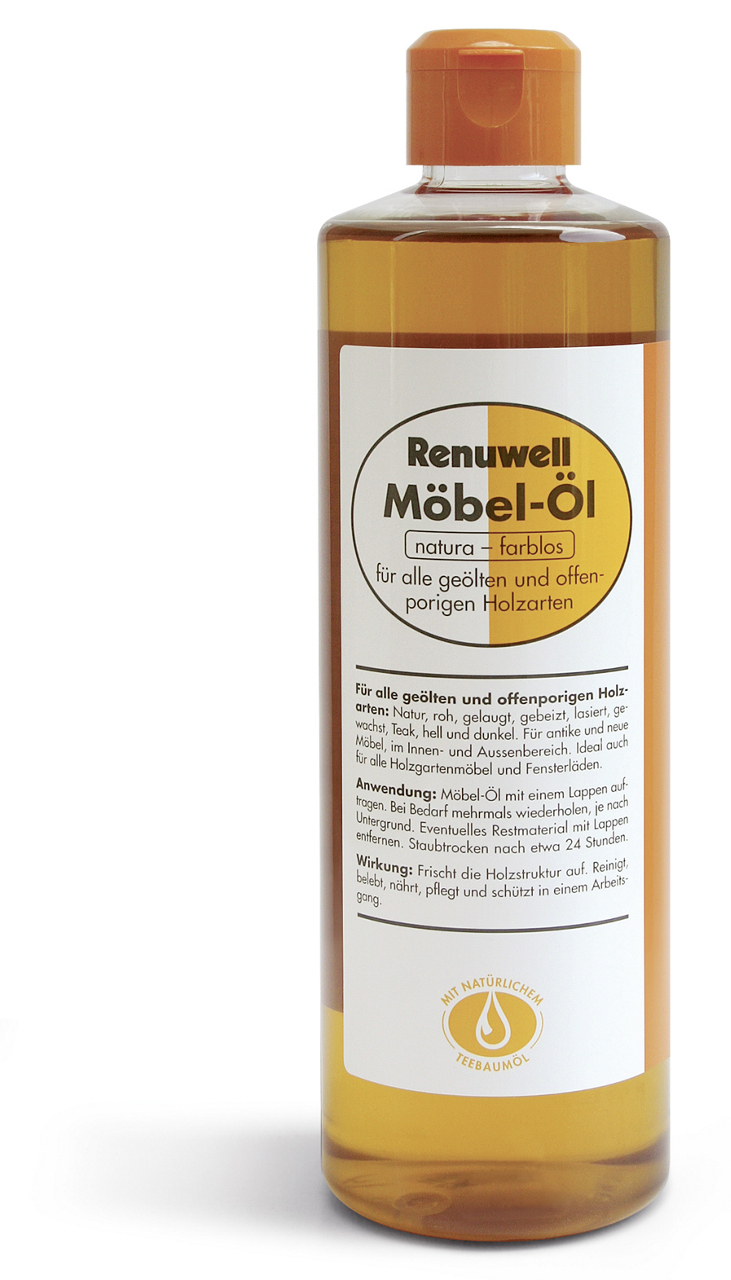 Renuwell 73008 Möbel-Öl, 500 ml ist für alle Möbel aus geölten und offenporigen Holzarten.