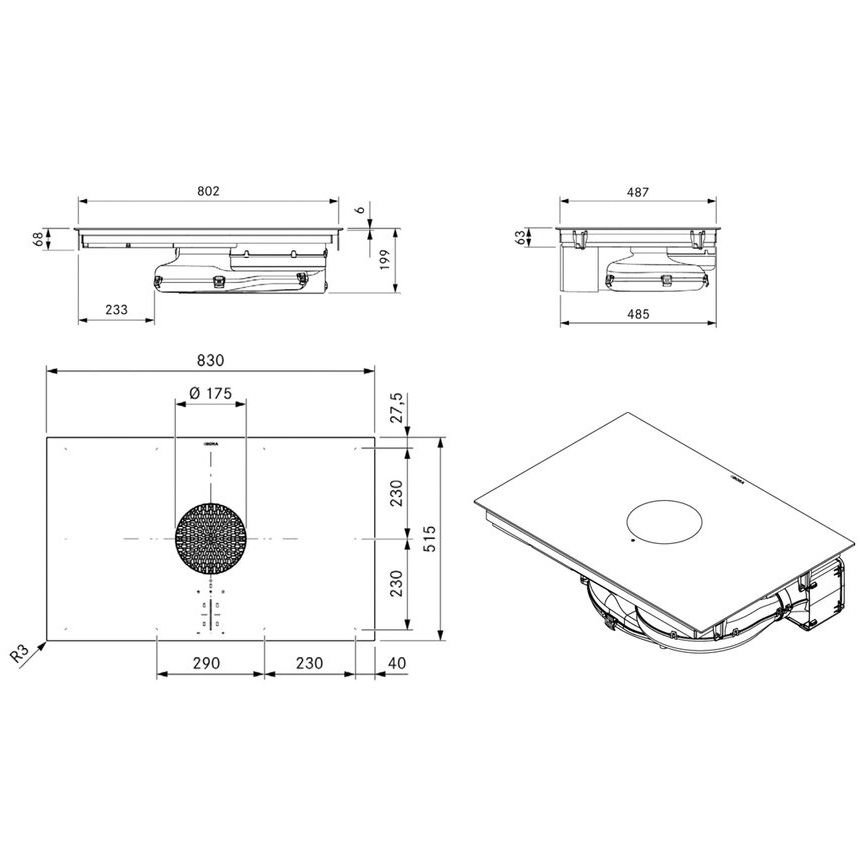  Flächeninduktions-Kochfeld mit integriertem Kochfeldabzug - Umluft, glänzende Glaskeramik PUXU2 2