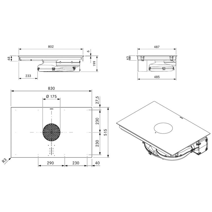  Flächeninduktions-Kochfeld mit integriertem Kochfeldabzug – Umluft, Matte Glaskeramik PUXU2R 2