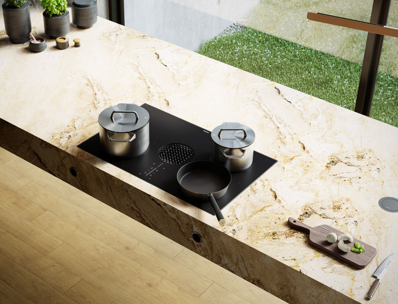  Flächeninduktions-Kochfeld mit integriertem Kochfeldabzug – Umluft, Matte Glaskeramik PUXU2R 4
