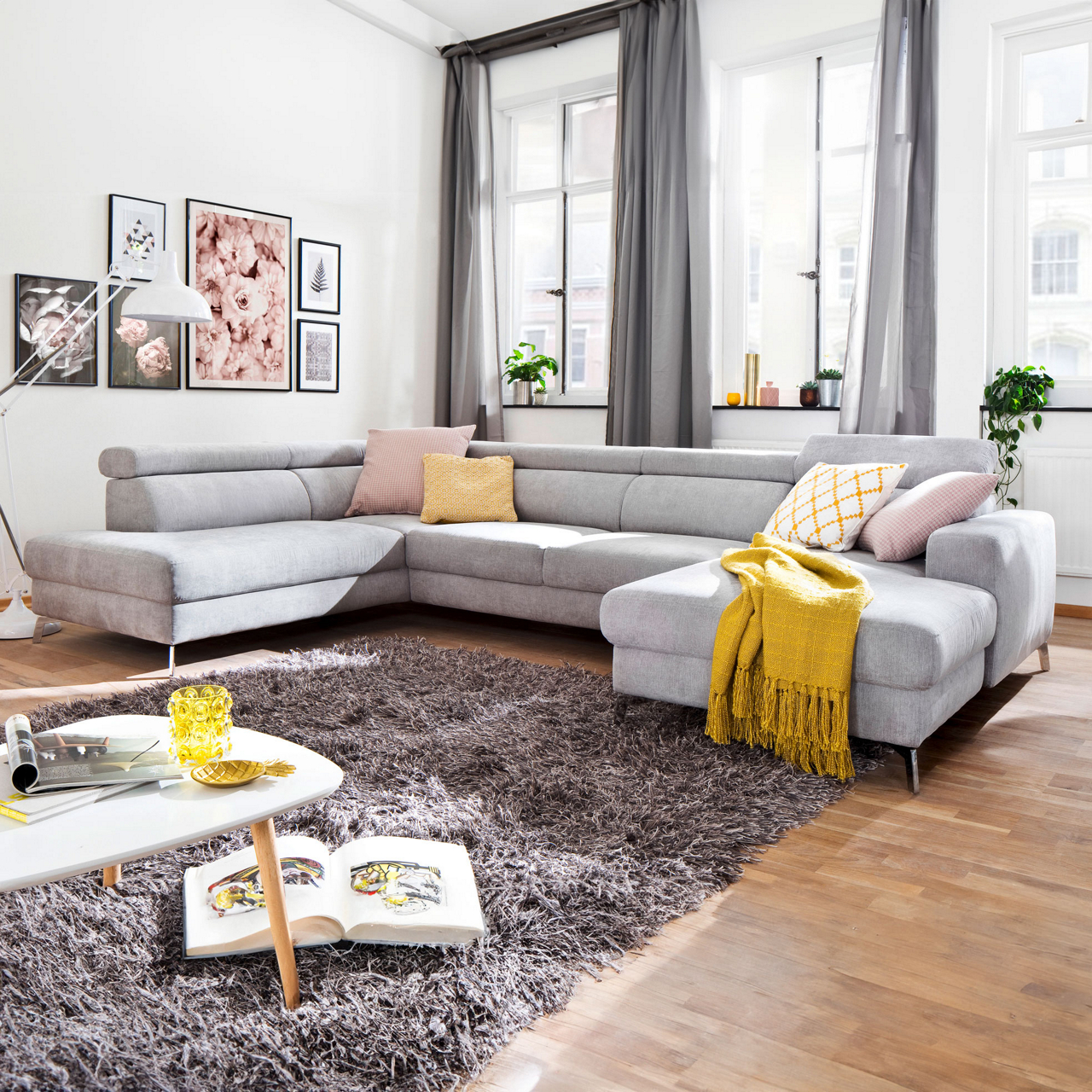 Majola MONDO Polstergarnitur, Stoff Mono light grey, PG 6, Arml."2",Rü. echt,ohne Kopfteilv.+o.weitere Fkt.